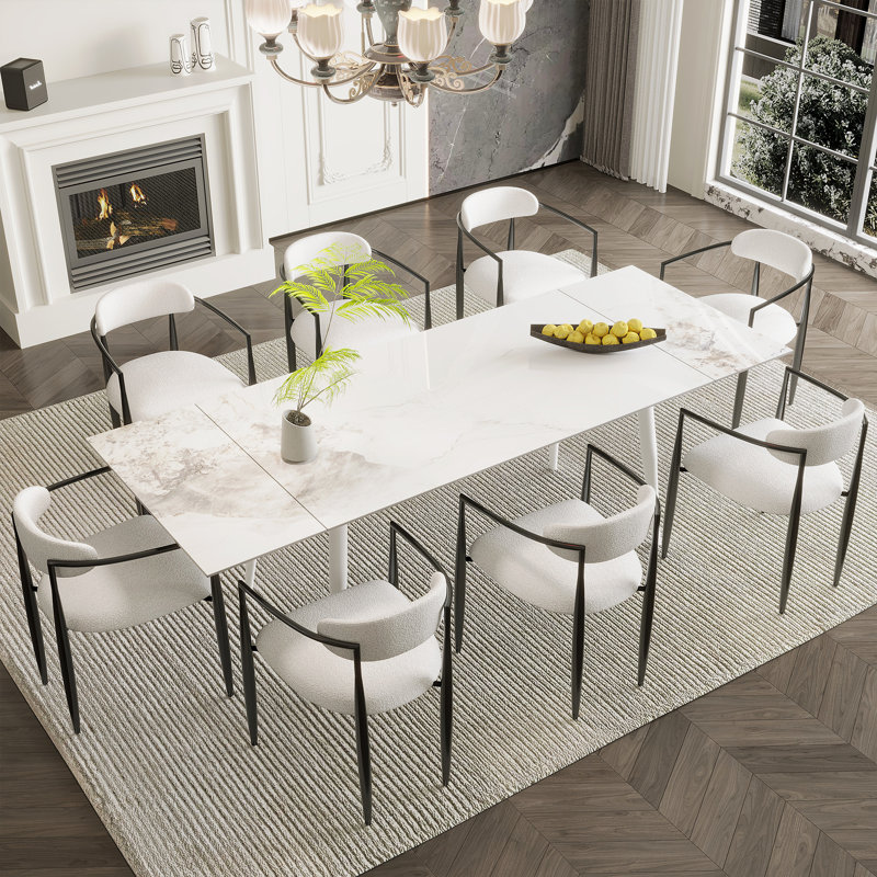 9 Piece Dining Set with Sintered Stone Dining Table and 8 Fabric Chairs Orren Ellis Table Top Color Chanel Table Base Color White